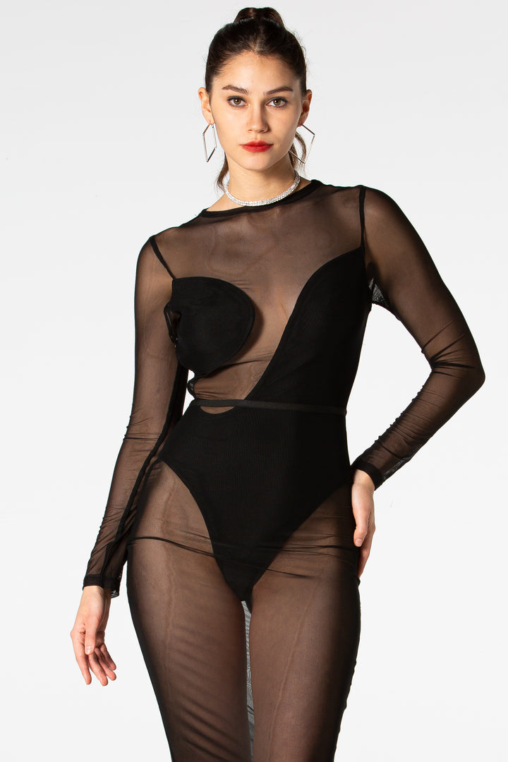 Sesidy Lilyana Black Mesh Bandage Dress in Black