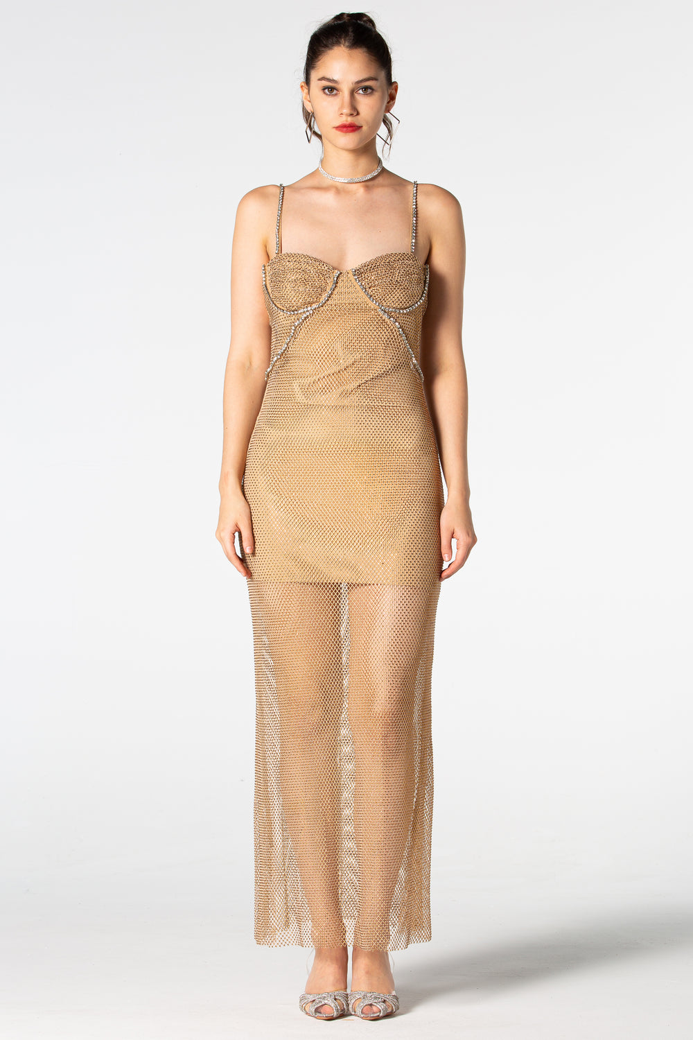 Sesidy Tatiana Mesh Drill Long Dress in Beige