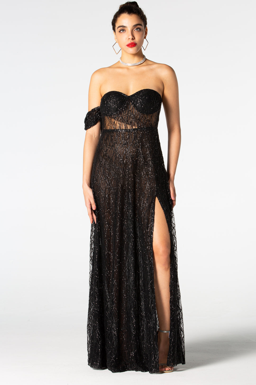 Sesidy Violeta Black Mesh High Slit Dress in Black