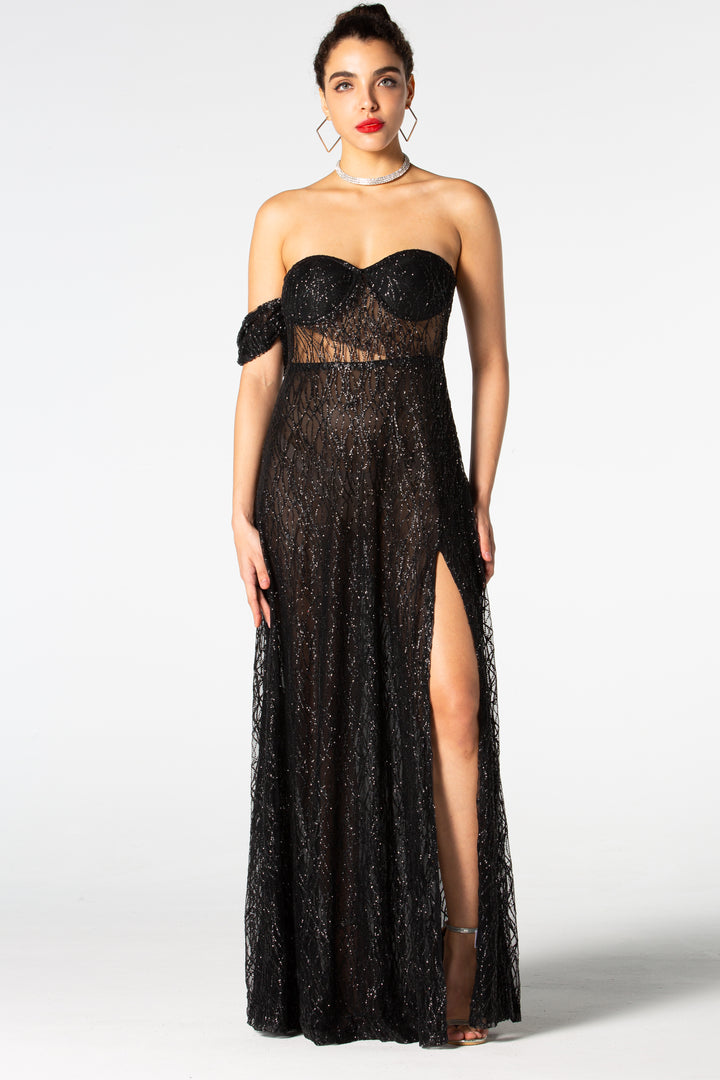Sesidy Violeta Black Mesh High Slit Dress in Black