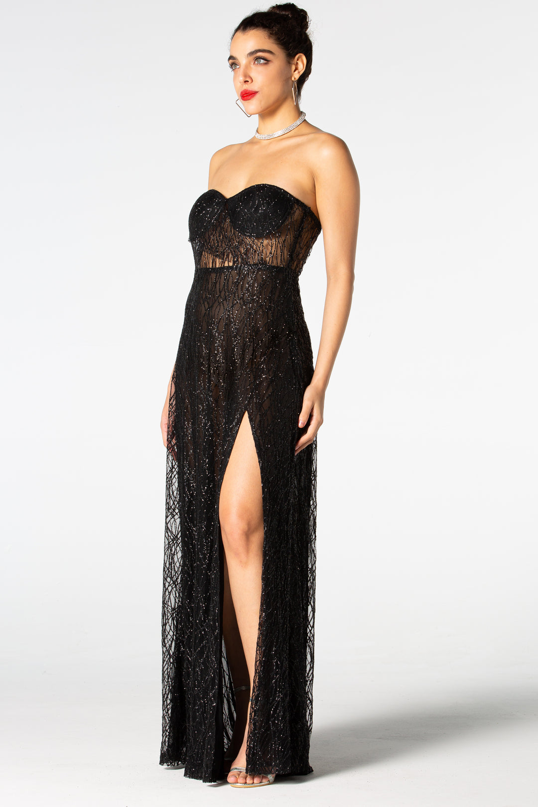 Sesidy Violeta Black Mesh High Slit Dress in Black