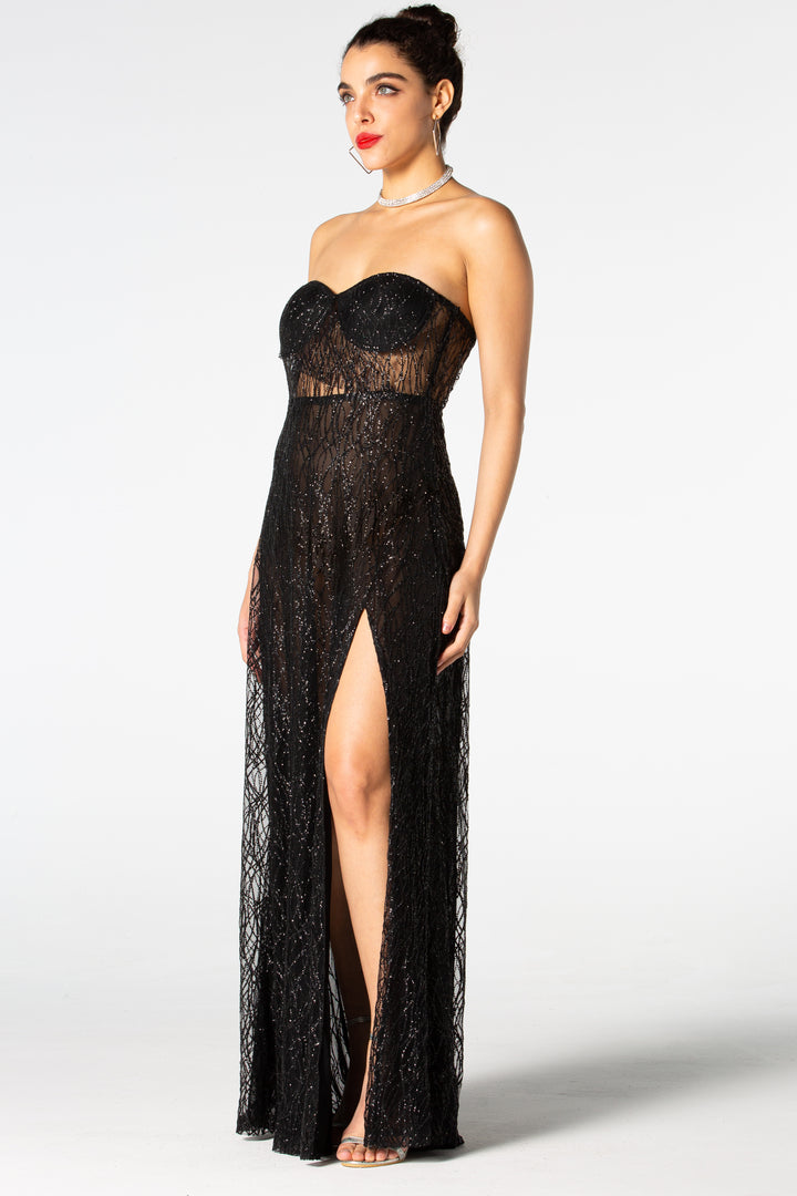 Sesidy Violeta Black Mesh High Slit Dress in Black