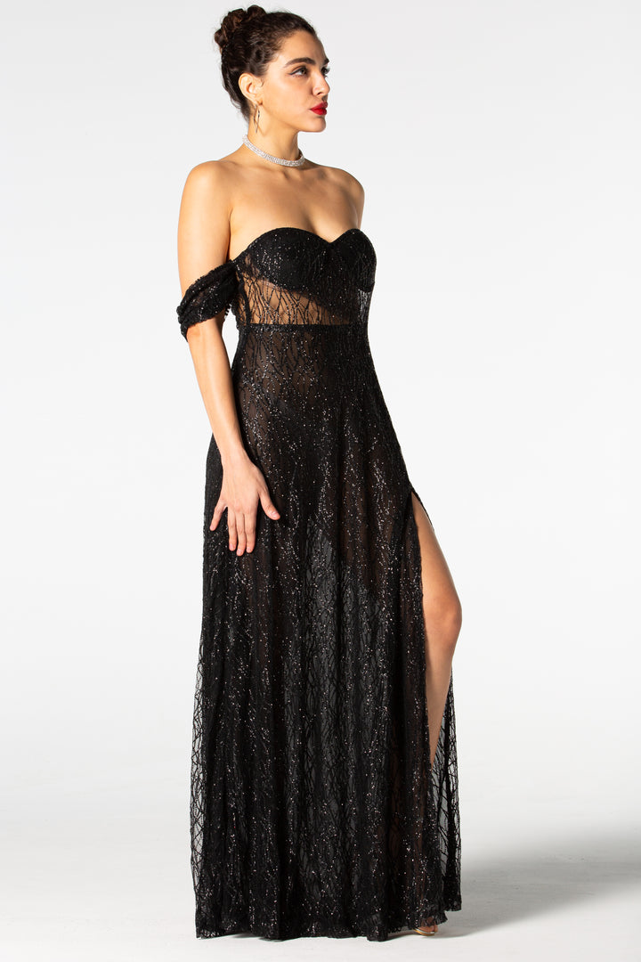 Sesidy Violeta Black Mesh High Slit Dress in Black