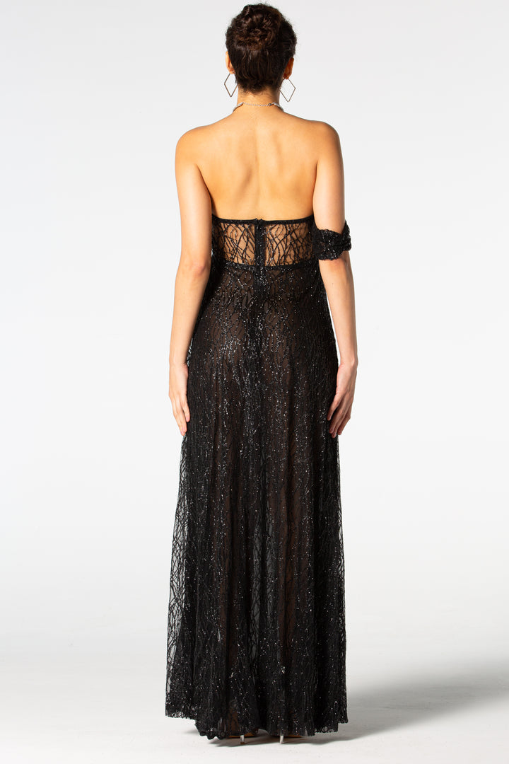 Sesidy Violeta Black Mesh High Slit Dress in Black