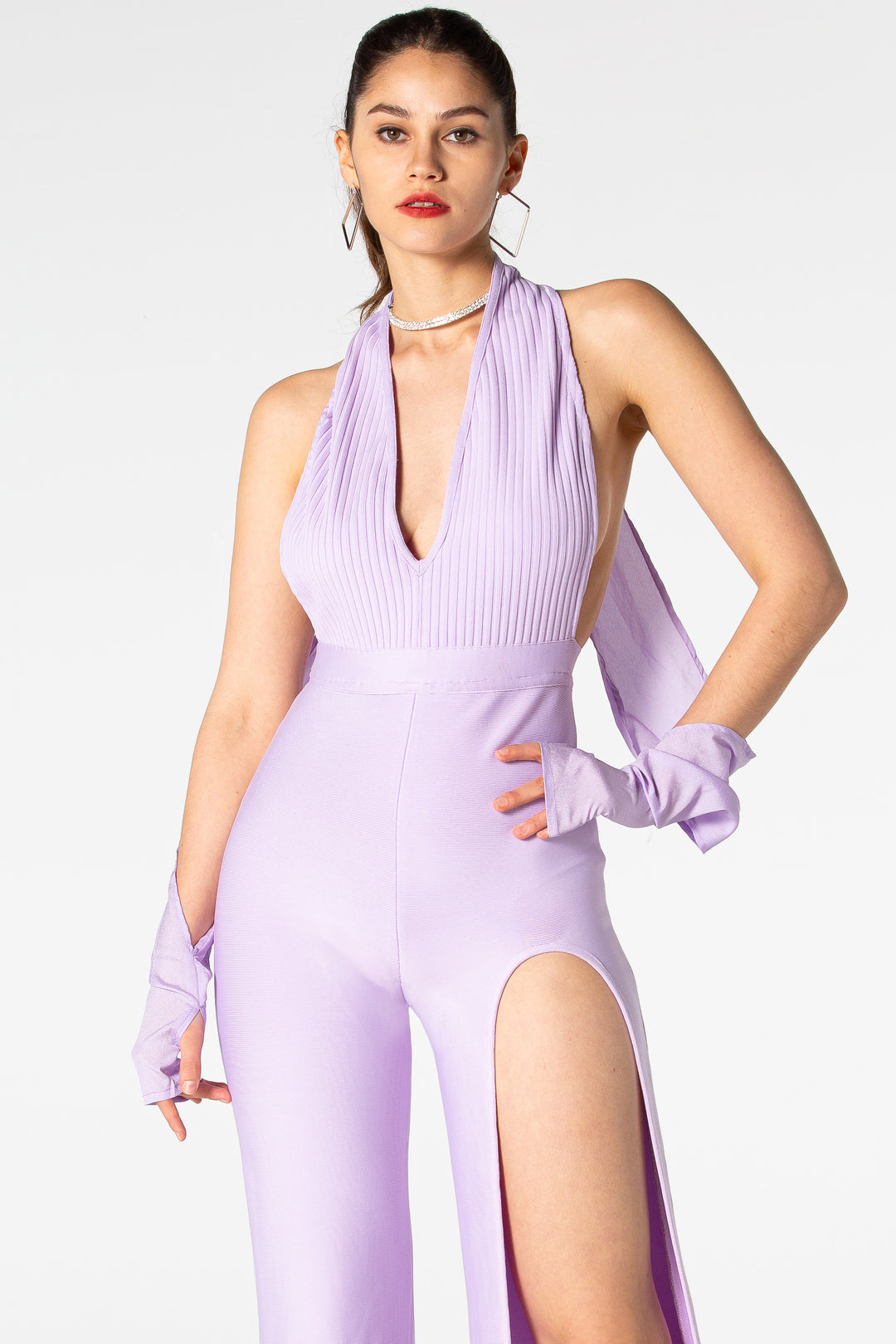 Sesidy Keyla Deep V-neckline High Slit Jumpsuit in Purple