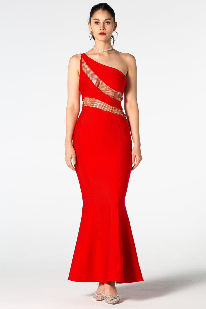 Sesidy Kaiya Rhinestone Mermaid Maxi Dress in Red