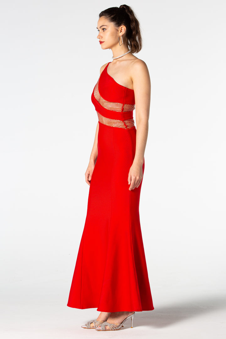 Sesidy Kaiya Rhinestone Mermaid Maxi Dress in Red