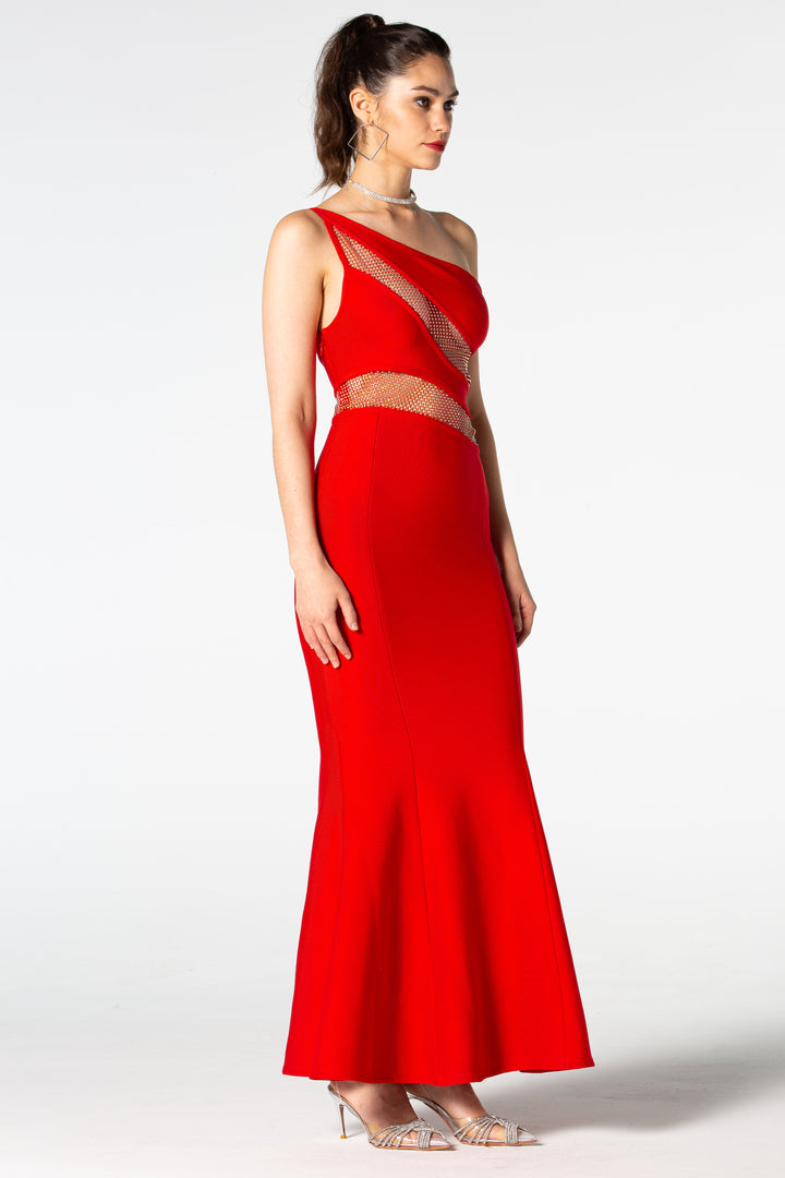 Sesidy Kaiya Rhinestone Mermaid Maxi Dress in Red