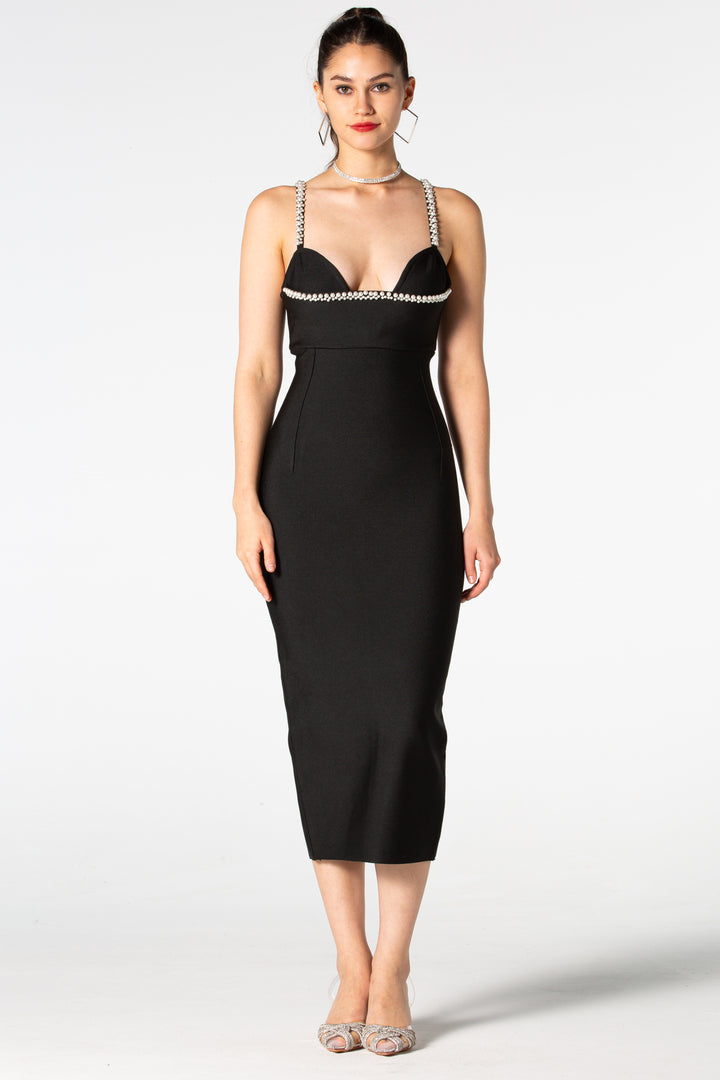 Sesidy Raina Black Rhinestone Long Dress in Black