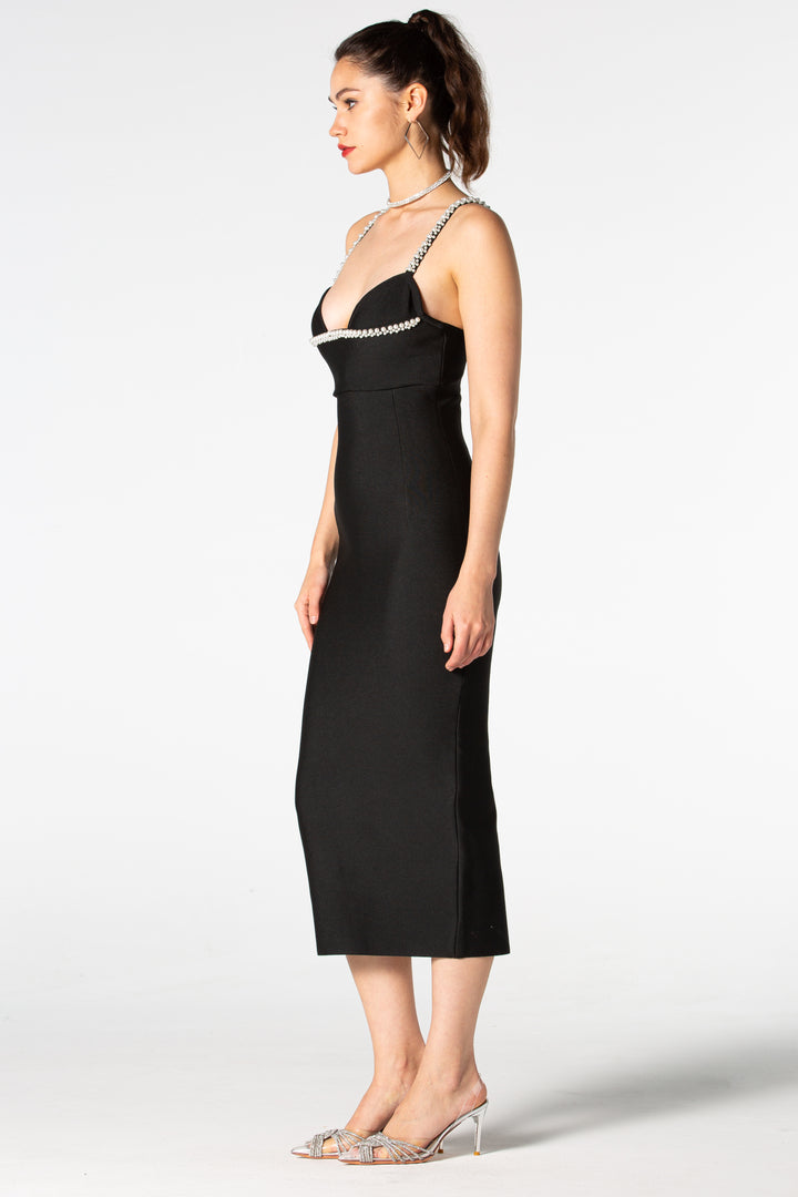Sesidy Raina Black Rhinestone Long Dress in Black