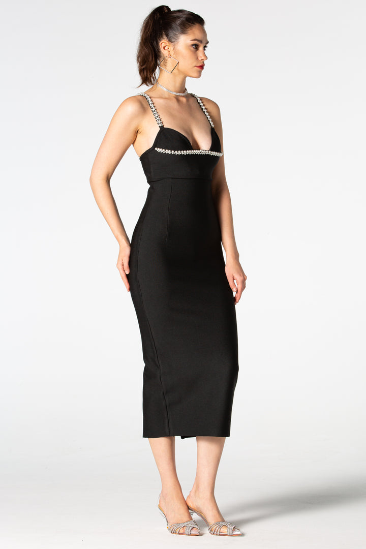 Sesidy Raina Black Rhinestone Long Dress in Black