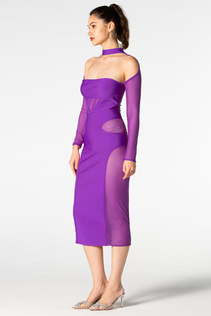Sesidy Frida Mesh Bandage Midi Dress in Purple