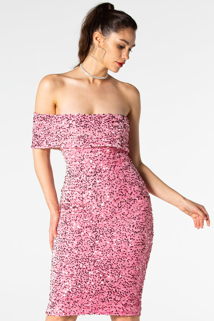 Sesidy Nala One-Shoulder Sequin Dress in Pink