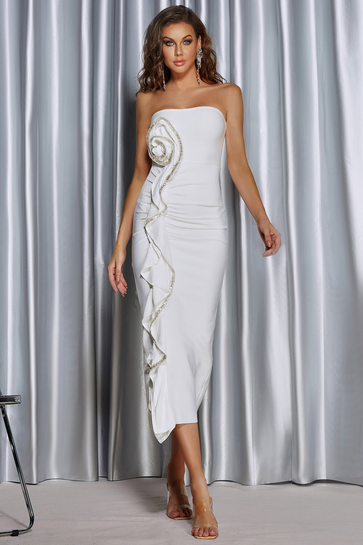 Sesidy-Isolde Strapless Flower White Dress-Women's Clothing Online Store