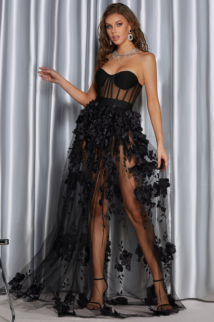 Sesidy-Saffronia Strapless Flower Long Dress-Women's Clothing Online Store