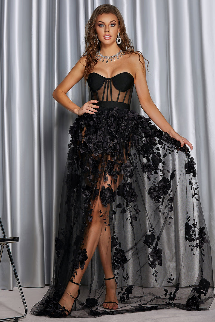 Sesidy-Saffronia Strapless Flower Long Dress-Women's Clothing Online Store