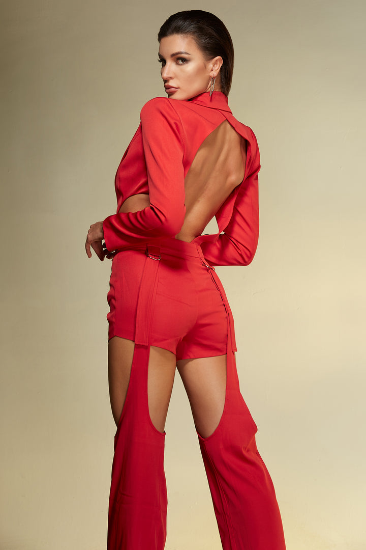 Sesidy Avalynn Collared V-Neck Pantsuits in Red