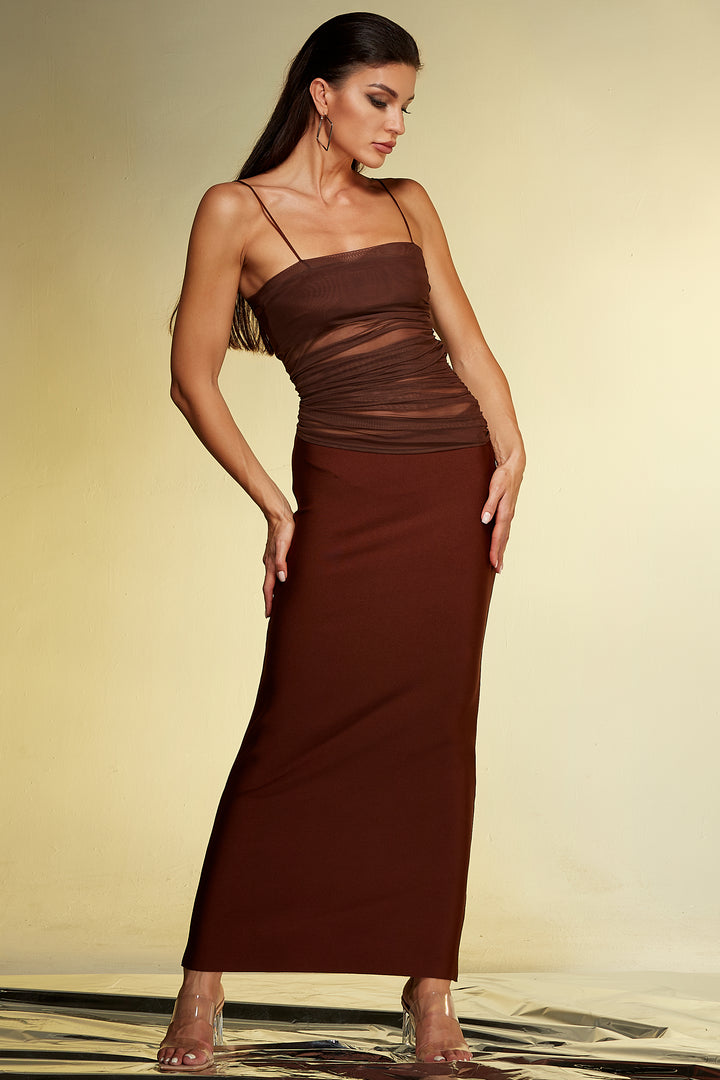 Sesidy-Addilynn Brown Mesh Dress-Women's Clothing Online Store