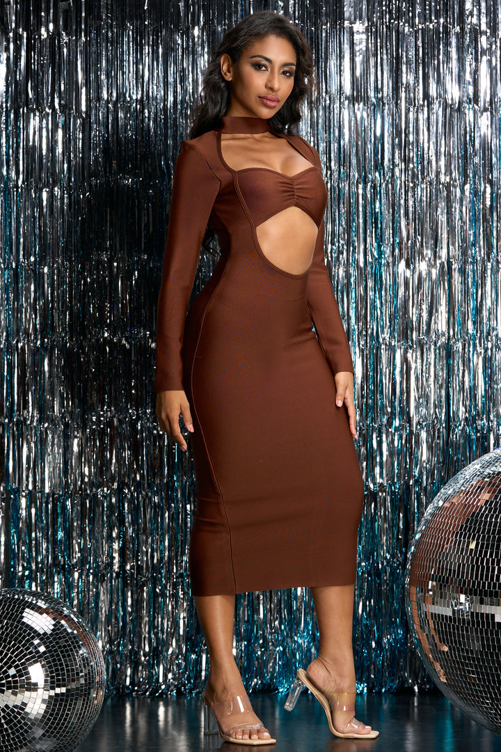 Sesidy Veridian Cut Out Halter Brown Dress in Brown