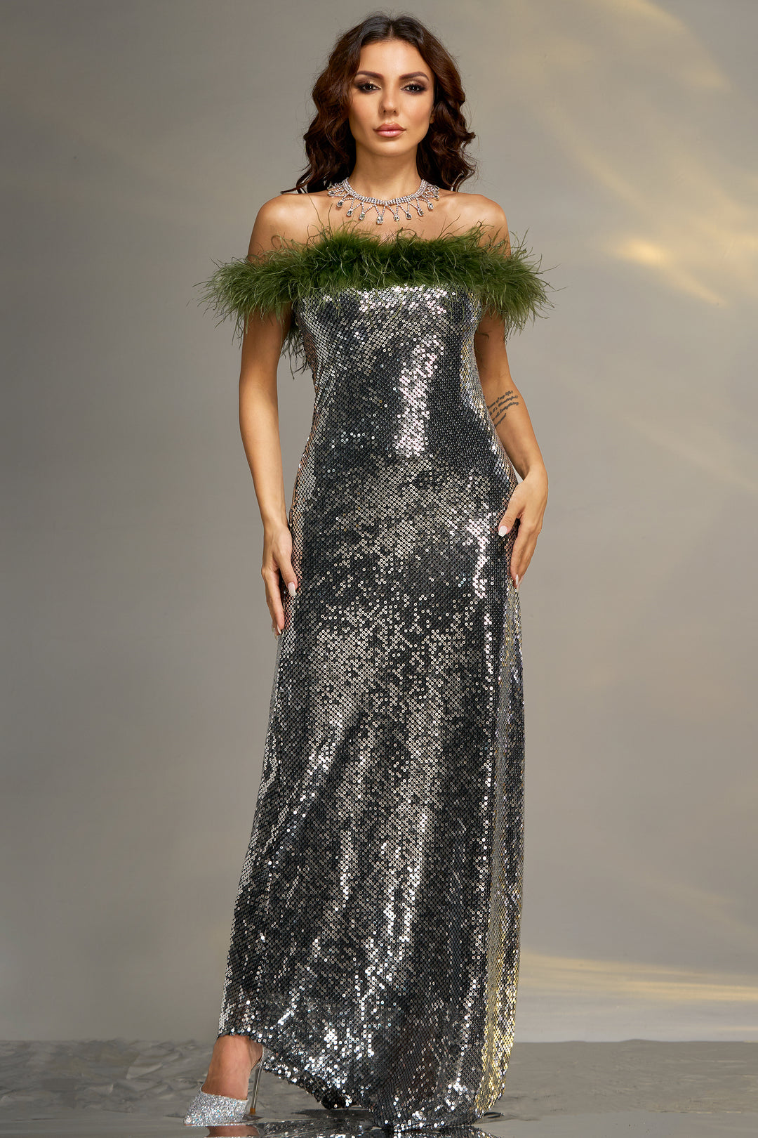 Sesidy Christina Feather Sequin Evening Dress in Silver