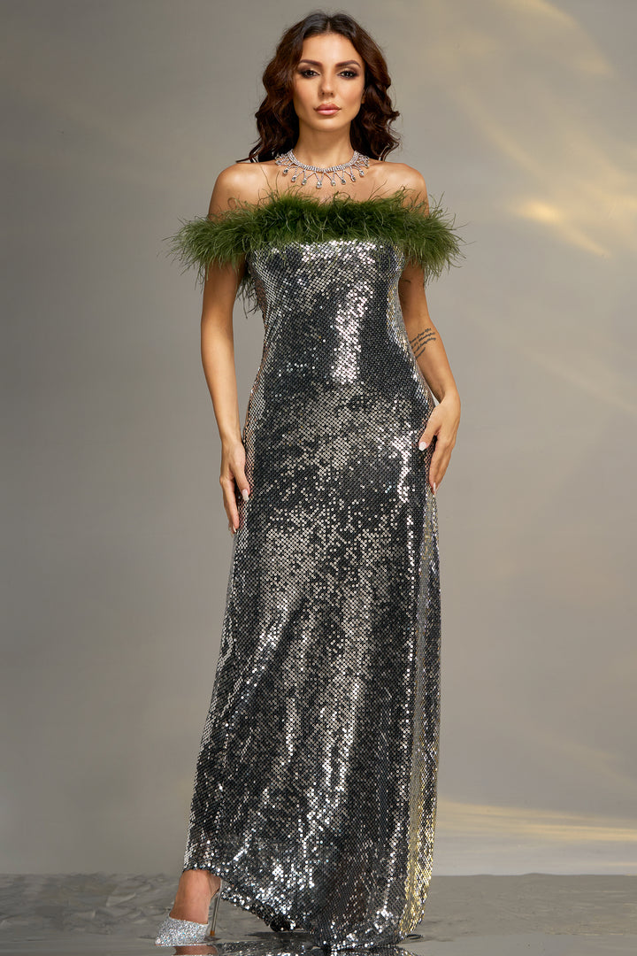 Sesidy Christina Feather Sequin Evening Dress in Silver