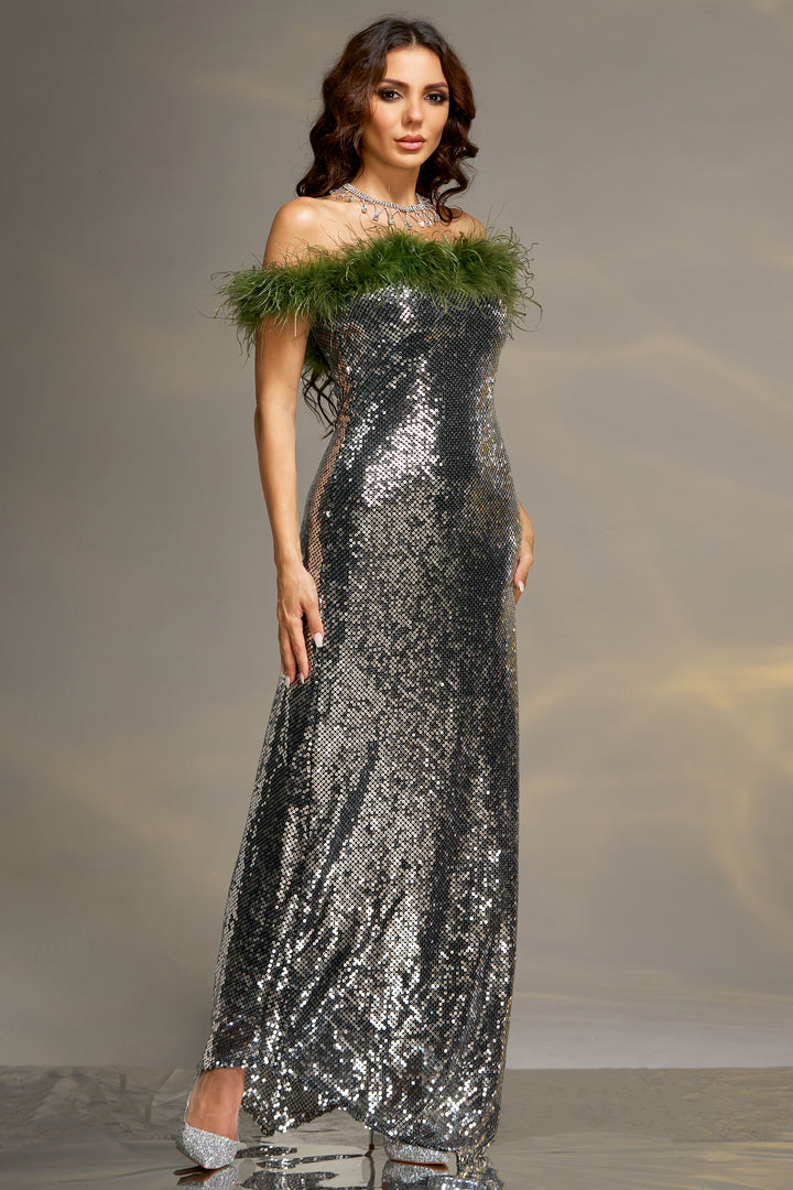 Sesidy Christina Feather Sequin Evening Dress in Silver