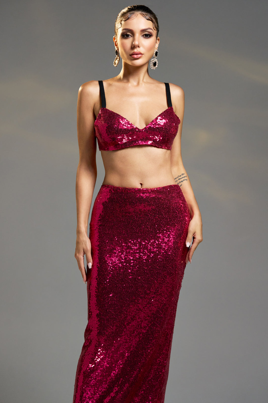 Sesidy Eleanore Corset Sequin Two Piece Set in Red