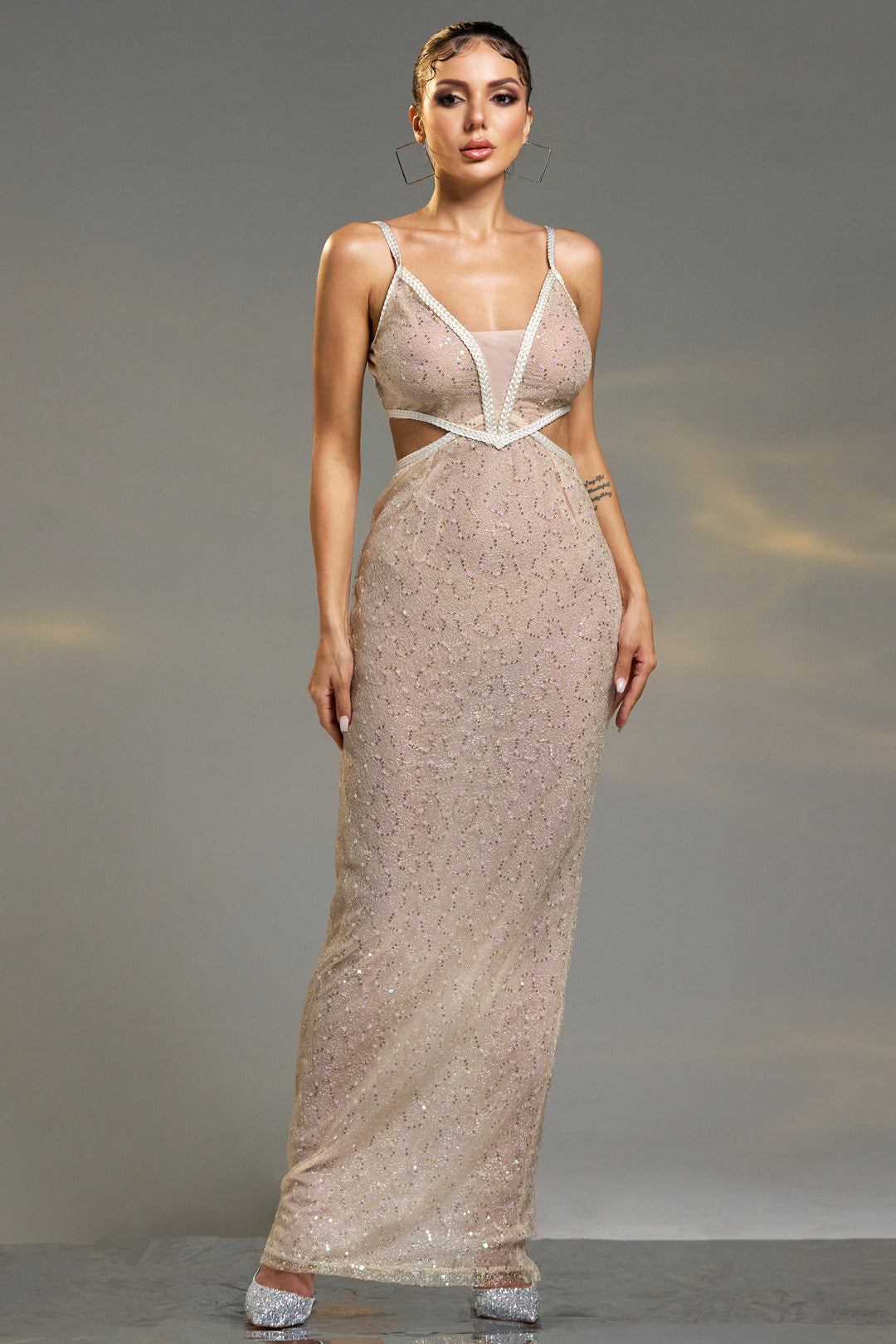 Sesidy Candice Hollow Nude Maxi Dress in Nude