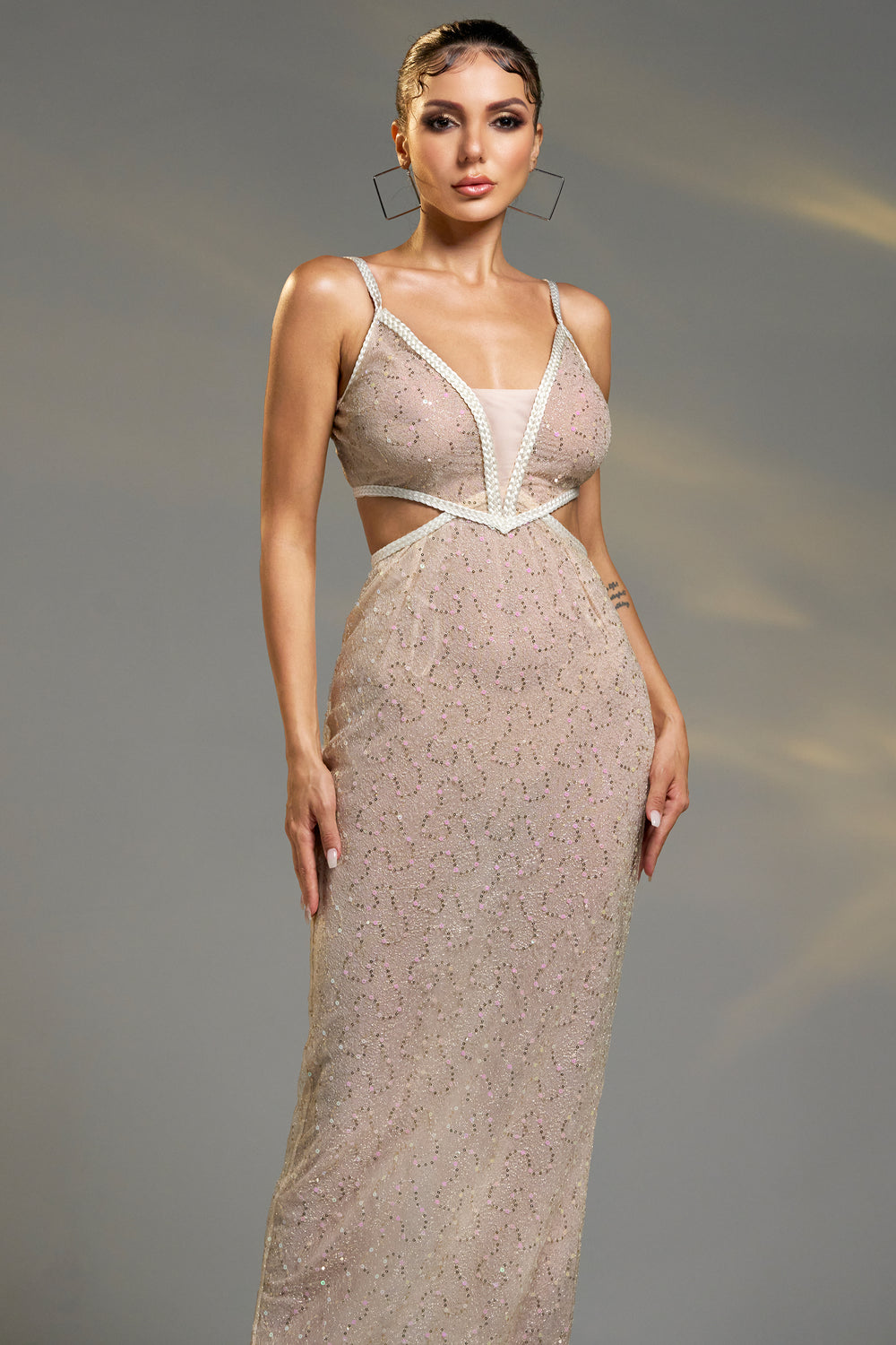 Sesidy Candice Hollow Nude Maxi Dress in Nude