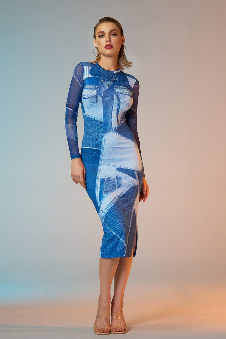 Sesidy Genesis Blue Printed Midi Dress in Blue