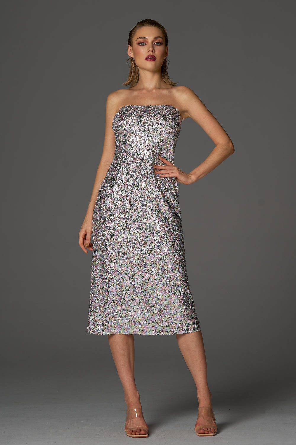 Sesidy Presley Corset Sequin Midi Dress in Silver