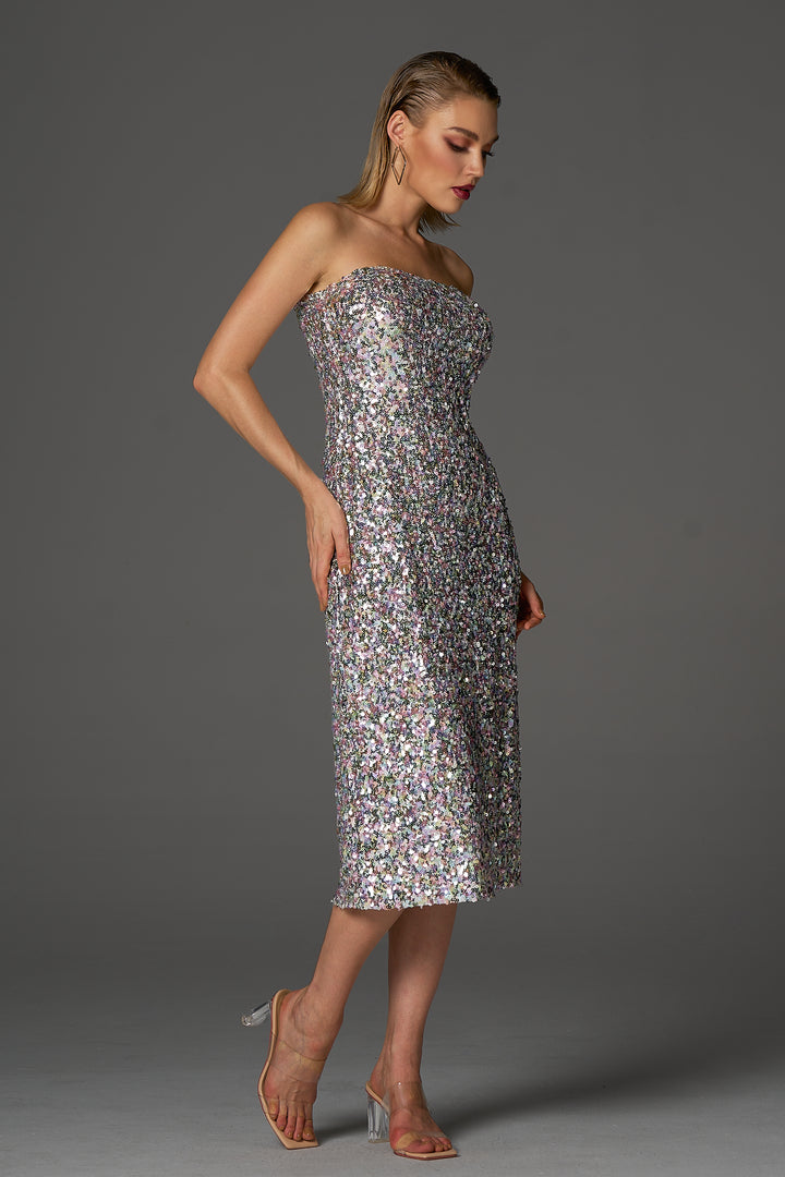 Sesidy Presley Corset Sequin Midi Dress in Silver