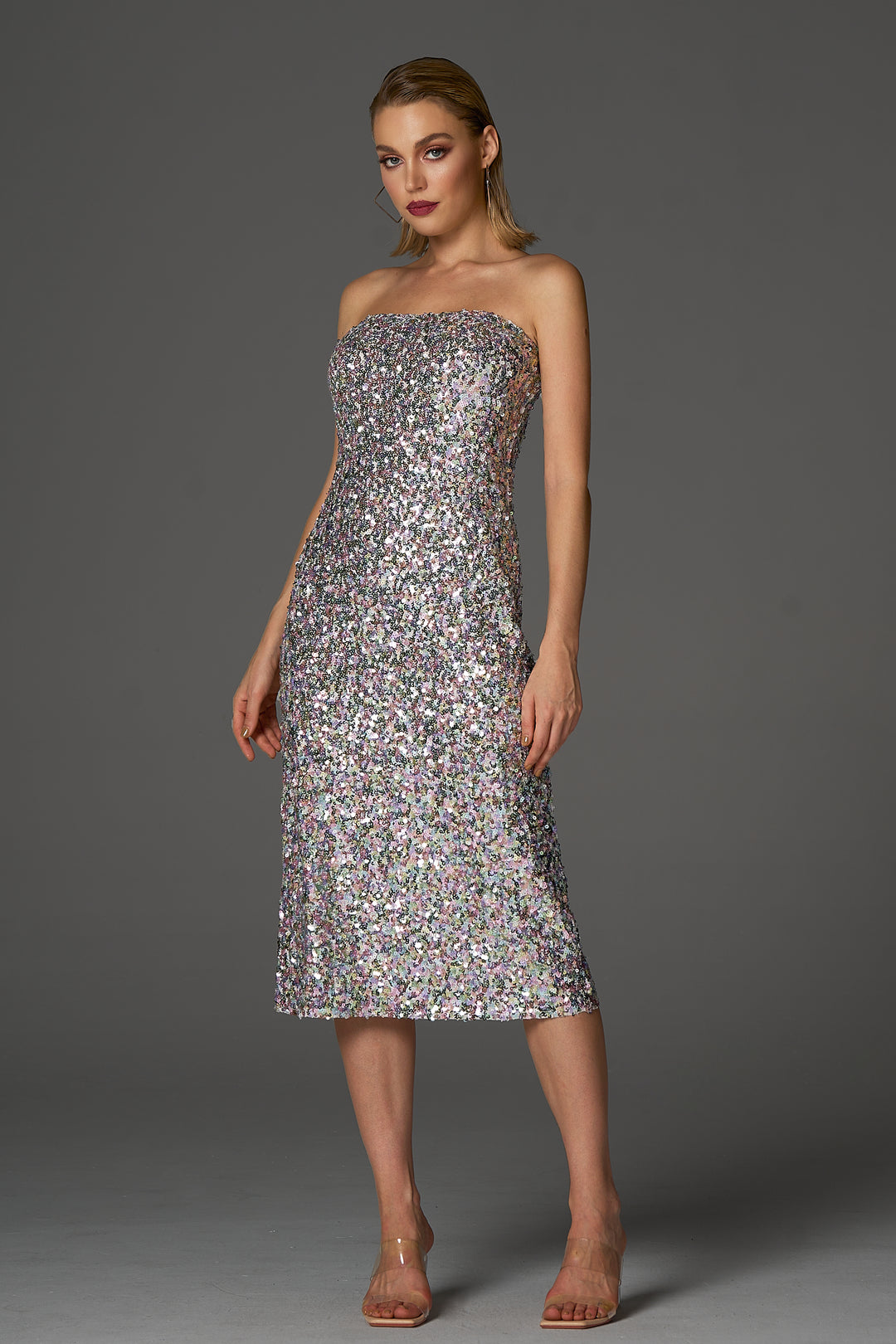 Sesidy Presley Corset Sequin Midi Dress in Silver