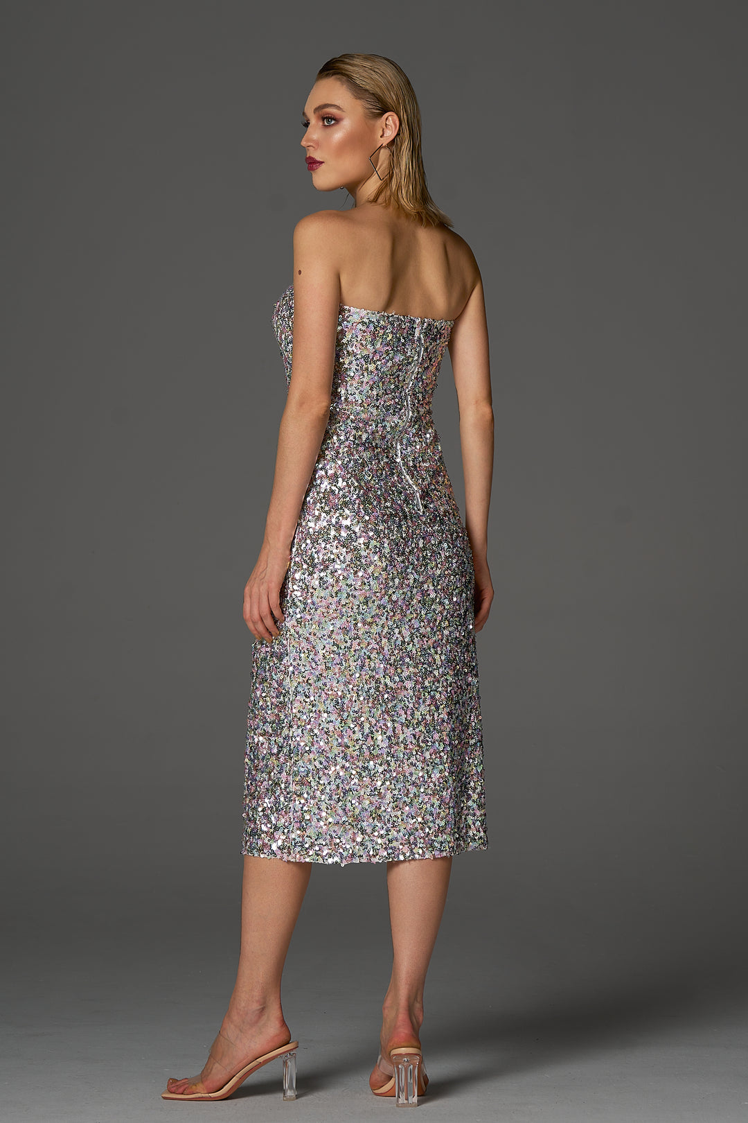 Sesidy Presley Corset Sequin Midi Dress in Silver