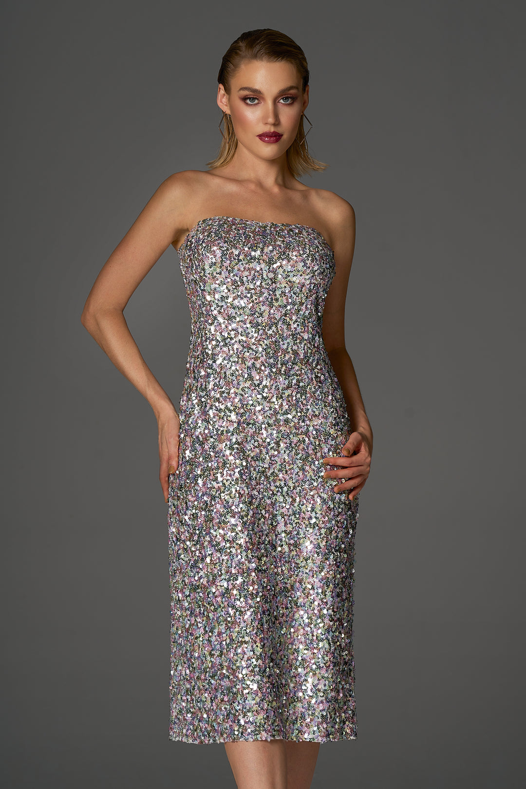 Sesidy Presley Corset Sequin Midi Dress in Silver