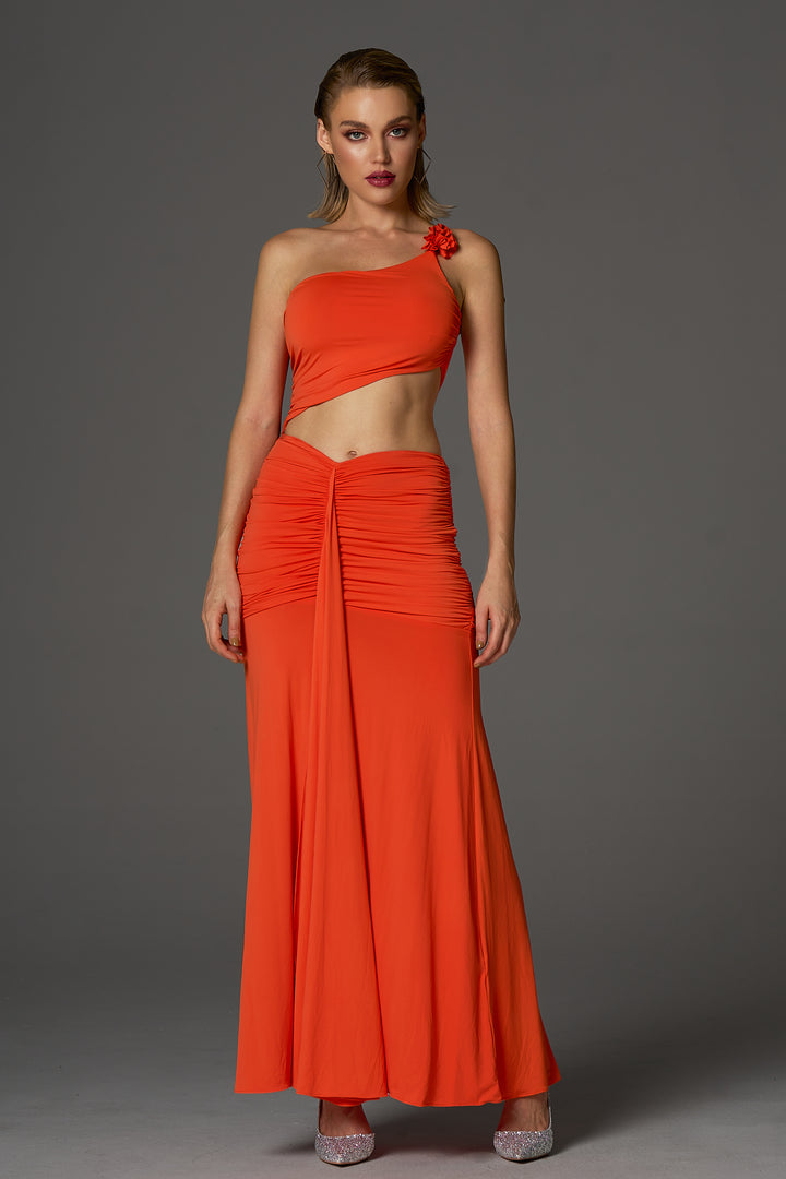 Sesidy Henley Asymmetrical Prom Dress in Orange