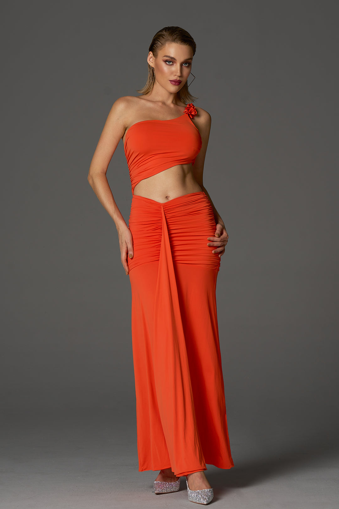 Sesidy Henley Asymmetrical Prom Dress in Orange