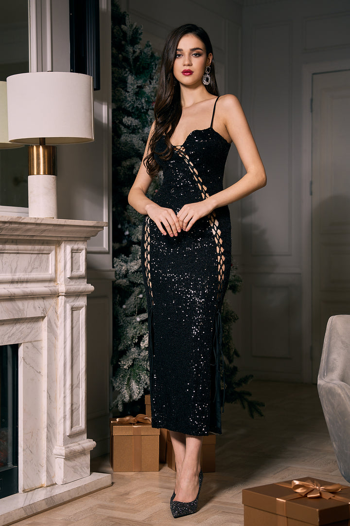 Sesidy Ximena Hollow Sequin Evening Dress in S
