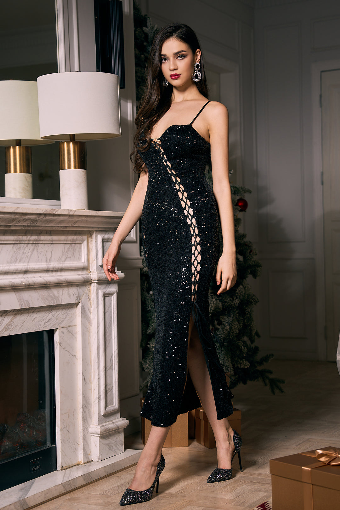 Sesidy Ximena Hollow Sequin Evening Dress in S