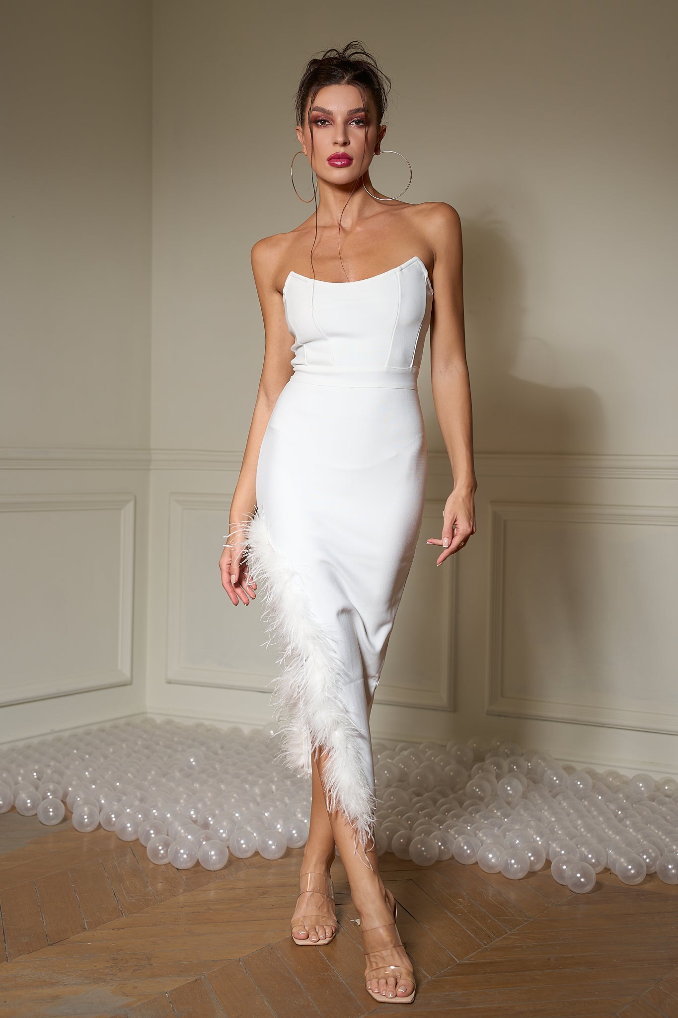 White dress with fluffy trim hotsell