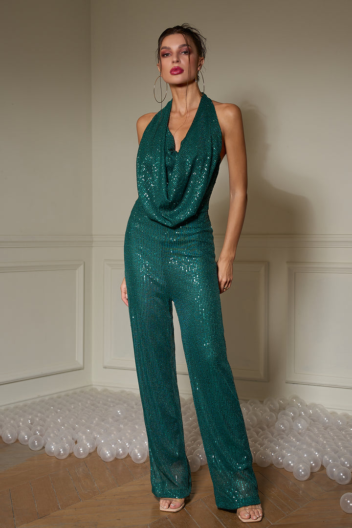 Sesidy Urania Emerald Halter Sequin Jumpsuit in S