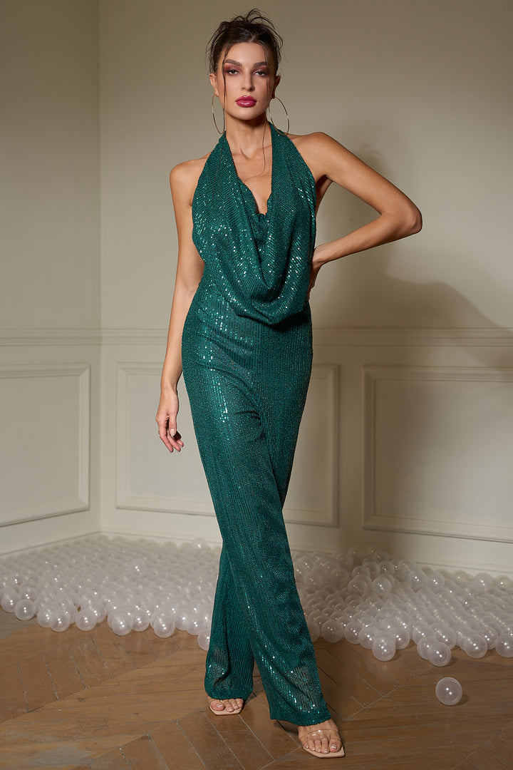 Sesidy Urania Emerald Halter Sequin Jumpsuit in S