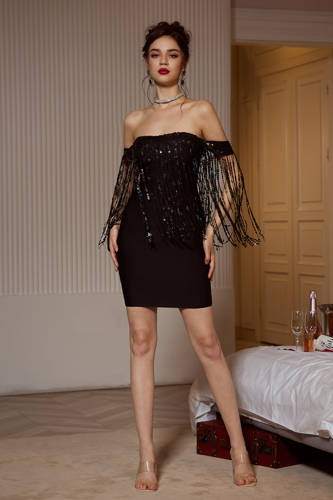Sesidy Miracle Sequin Fringe Off Shoulder Dress in Black