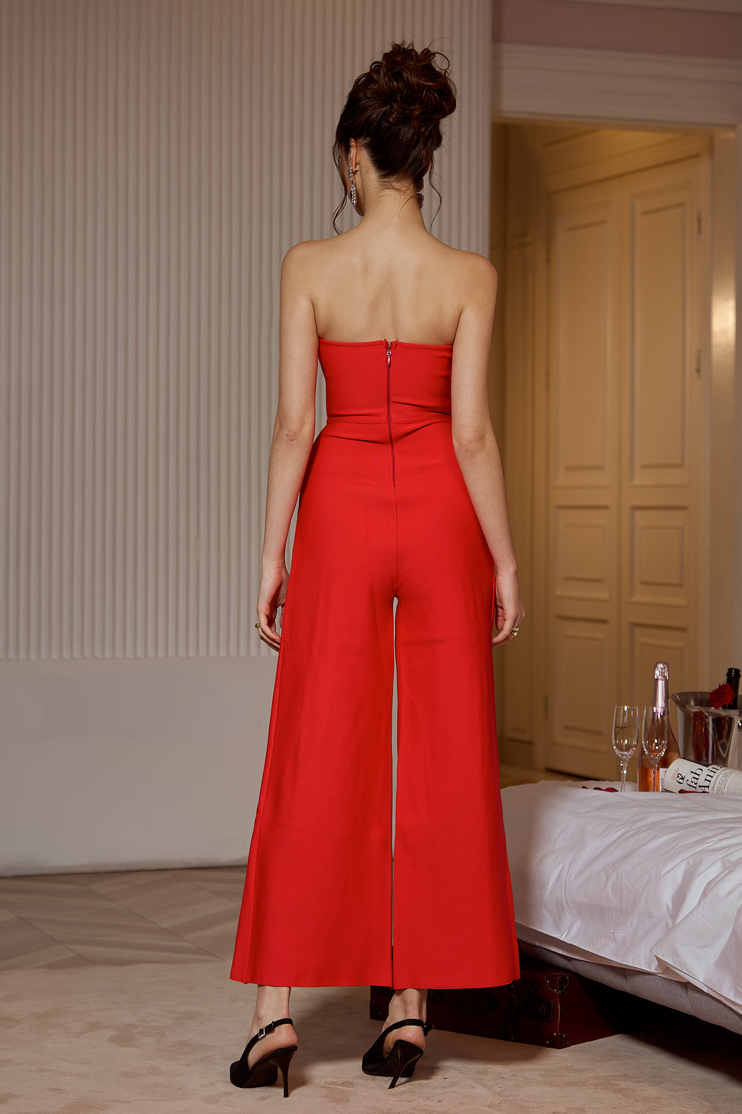 Sesidy Rylie Strapless High Slit Maxi Jumpsuit in Red