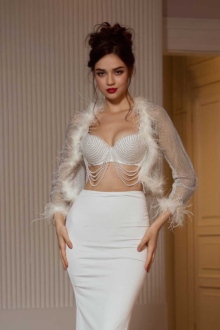 Sesidy Katarina Sheer White Feather Collar Jacket in Silver