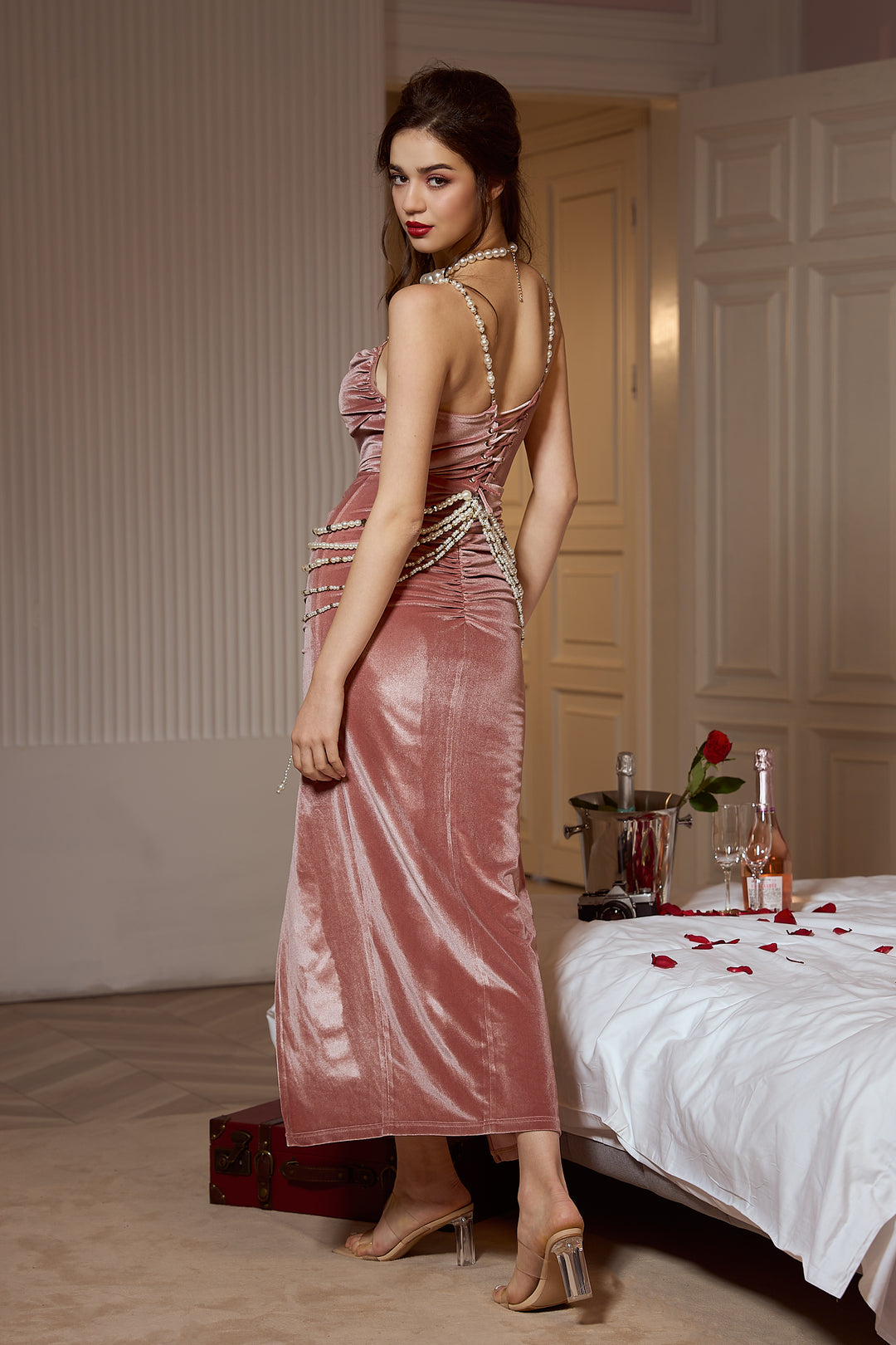 Sesidy Colleen Velvet Blush Pearl-Embellished Dress in Pink