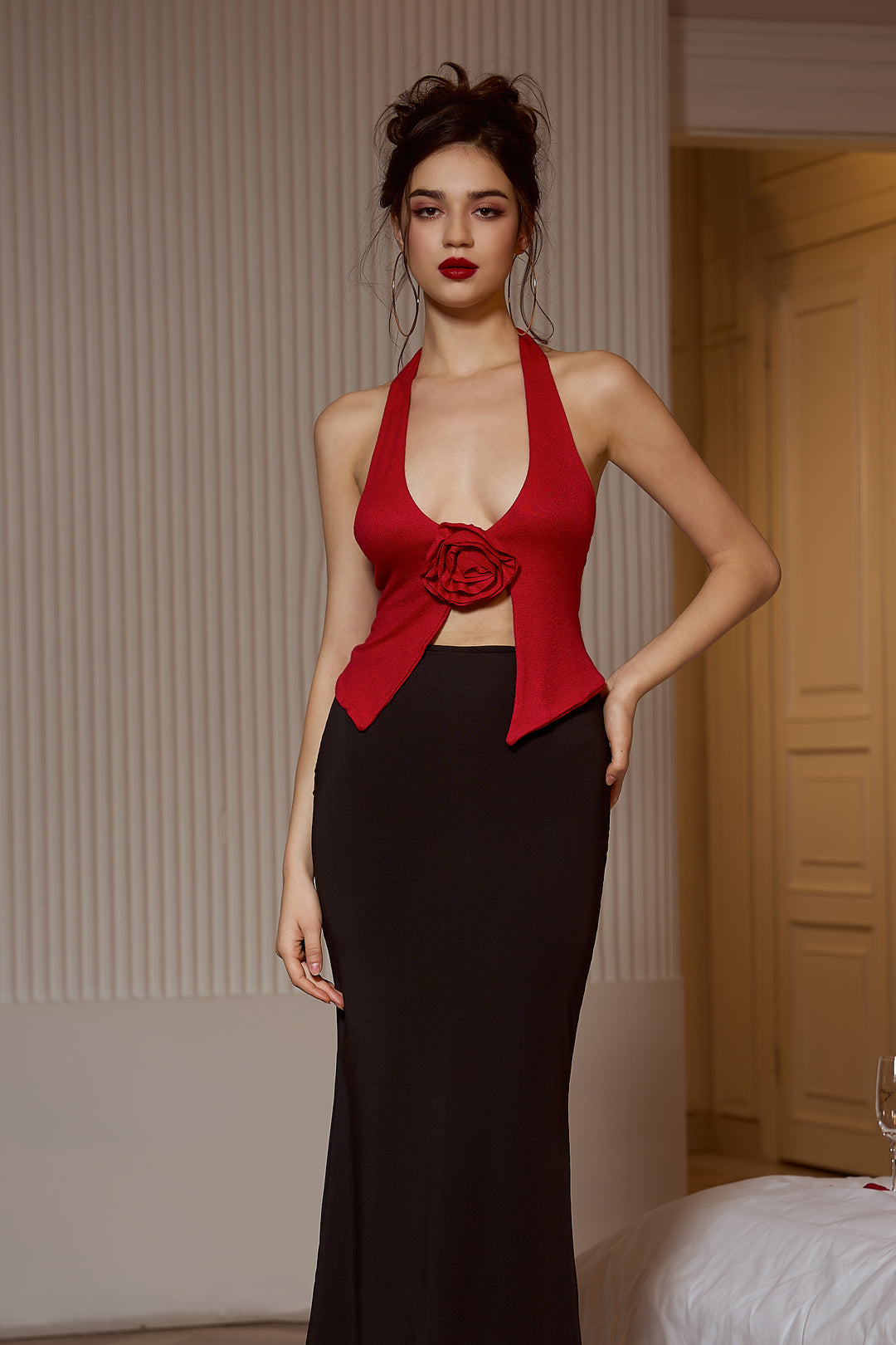 Sesidy Rissah Rose Flower Halter Top in Red