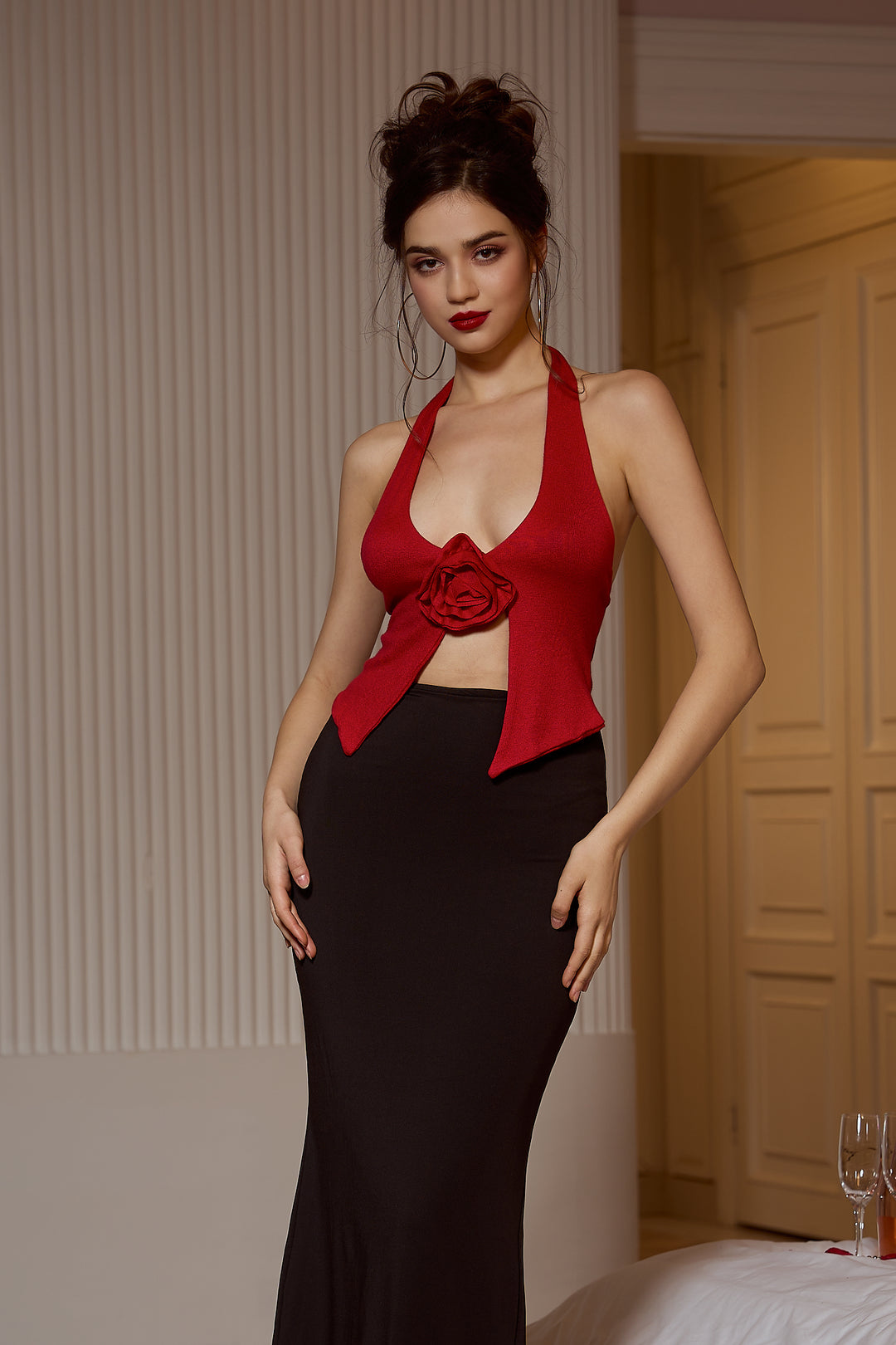 Sesidy Rissah Rose Flower Halter Top in Red