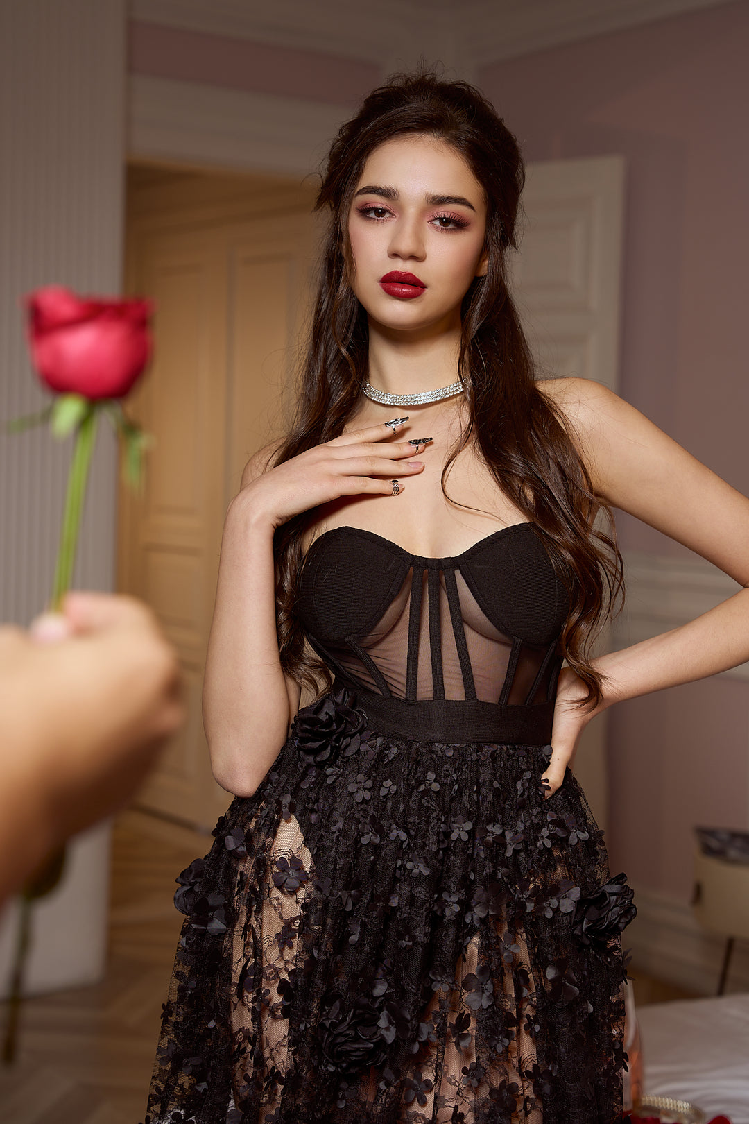 Sesidy Fidelia Black Flower Elegance Evening Dress in Black