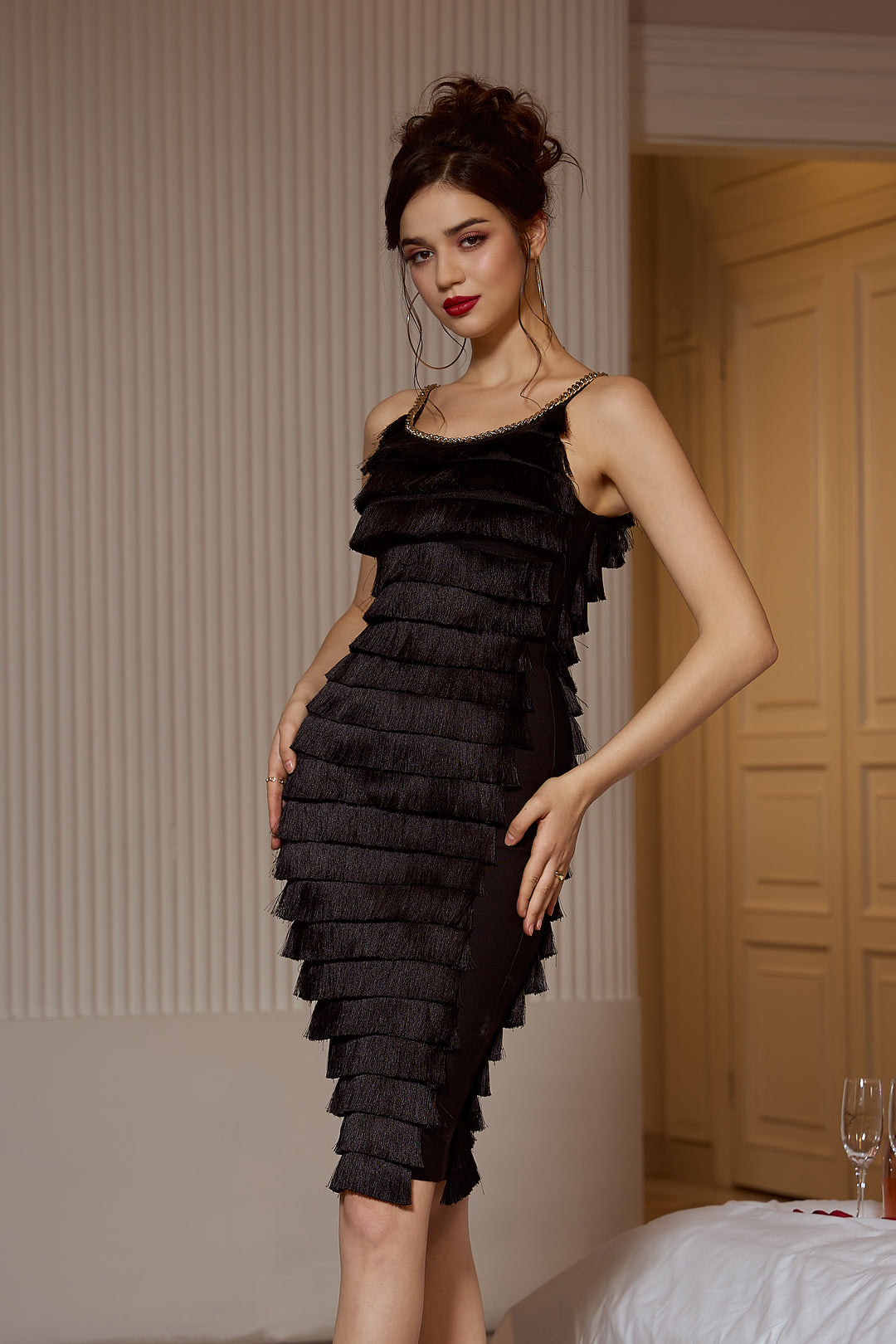 Sesidy Capri Embellished Strap Black Fringe Dress in Black